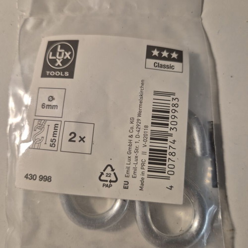 S-Shaped Hooks LUX Tools set of 2 new, 6mm x 55mm
