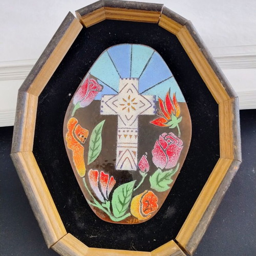 Vintage enamel on copper artwork used, handmade by Manor Enamel Art Works