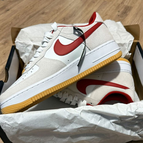 Nike Air Force 1 Low new with white leather, red Swoosh and suede panels