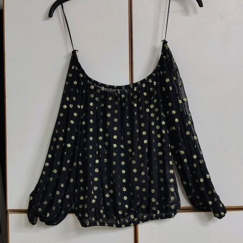 Joy Blue blouse new black with gold polka dots S-M