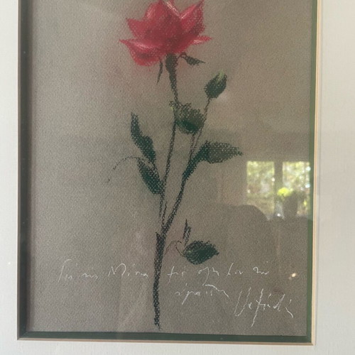 Wax pastel artwork Red Rose with dedication by Michalis Vafeiadis like new