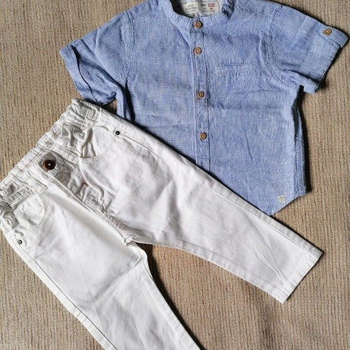 Zara Baby Boy set 12-18 months, pants and shirt, white and blue