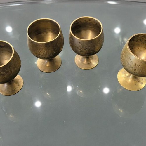 Liqueur Glasses Set of 6 Used Vintage Hand-Etched Bronze EPNS 1960-1970