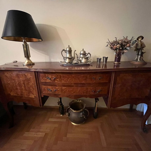 Vintage sideboard used with curved design and burl wood veneer