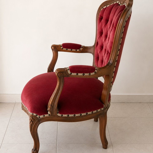 French Provincial Louis XV Style Living Room Suite 6-Piece Burgundy Velvet Like New