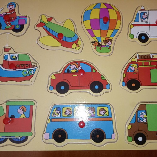 Wooden puzzle with handles used, vehicles and transport, 10 pieces