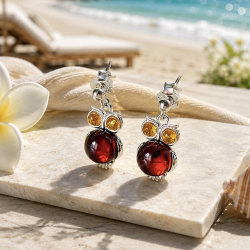 Amber Owl Earrings, Sterling Silver 925, Natural Baltic Amber
