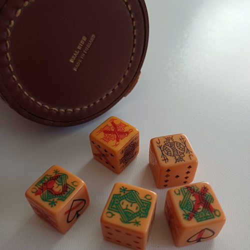Vintage leather poker set with dice, real hide, made in England, like new