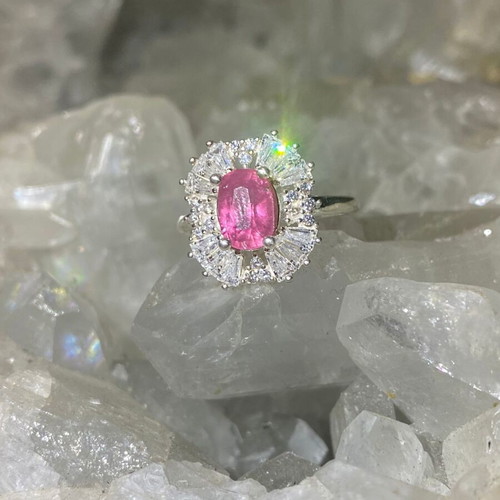 Silver ring with natural pink tourmaline and moissanites, new