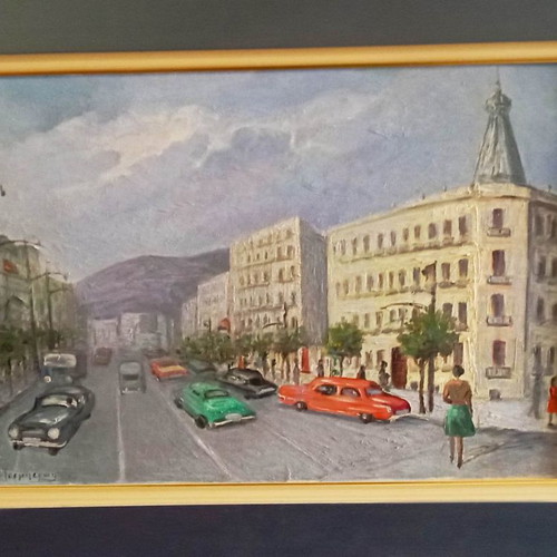 Ελαιογραφία Λεωνίδας Τσεμπερώφ Οδός Σταδίου σε υπεράριστη κατάσταση