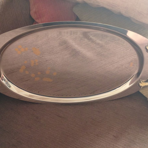 Serving tray set vintage classic with embossed gold handles, used