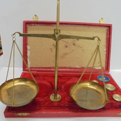 Brass Precision Balance Scale with Weights and Original Box used