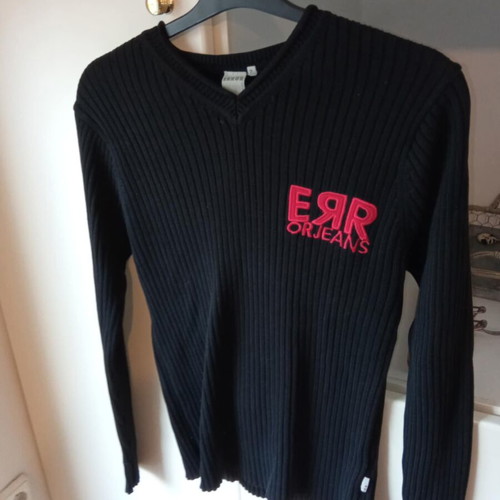 Error Jeans vintage men's knitted sweater black with Error Rider 13 print, like new