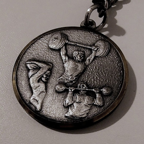 Vintage collectible medal keychain Greek Weightlifting Federation EOAB 1972