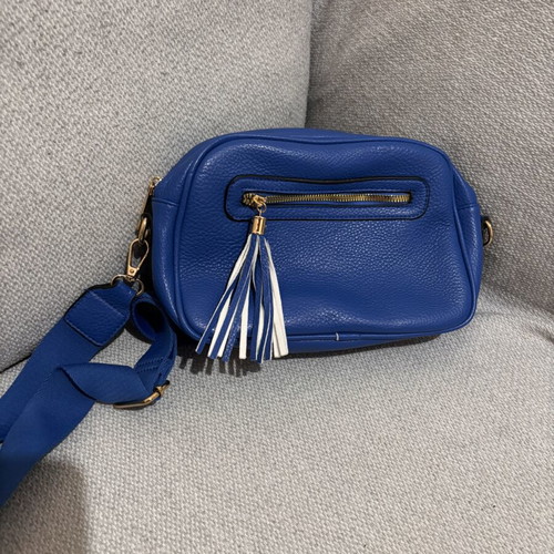Women's leather crossbody camera bag blue rouille new