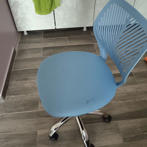 Office chair used, sky blue, swivel with fabric seat and plastic back