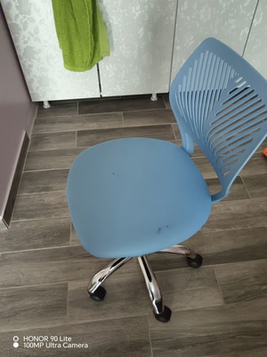 Office chair used, sky blue, swivel with fabric seat and plastic back