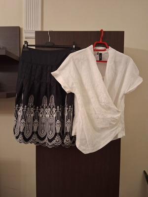 Skirt and blouse set satin texture with embroidery, like new, size M