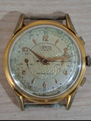 Venus vintage wrist chronograph watch used, gold-plated, non-working