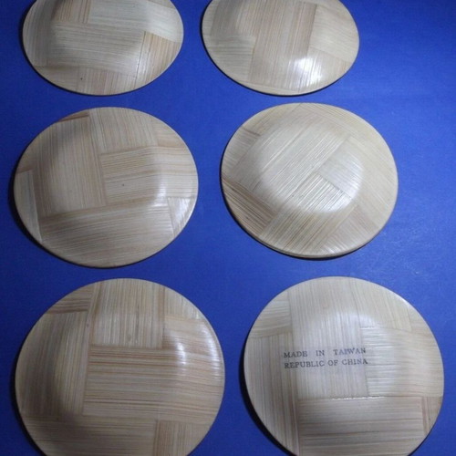 Bamboo coasters used, set of 6, hand-painted vintage from Taiwan