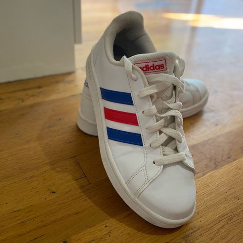 Adidas sneakers used, size 38.5, white with blue and red stripes