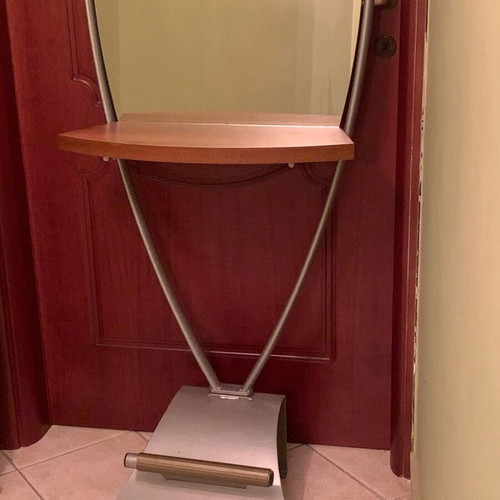 Hair Salon Console Mirrors like new, modern, with wooden shelf and metal base, 2 pcs