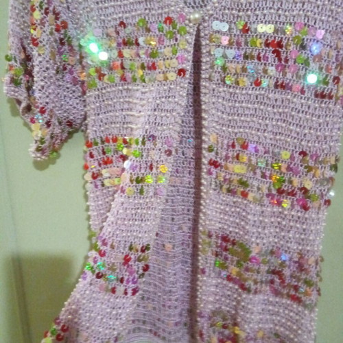 Knitted short-sleeve cardigan with sequins and beads, Small/Medium