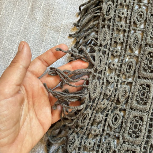 Boho Crochet Fringe Poncho Top, Khaki Lace Open Knit Tunic, Size S M