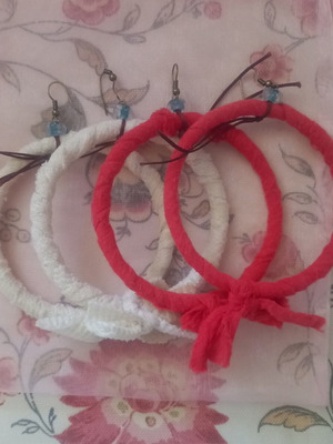 Handmade earrings 2 sets, fabric hoops, white and coral, used