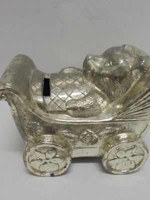 Vintage metal baby carriage coin bank with bear