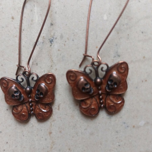 Handmade metal butterfly and skull earrings new, brown