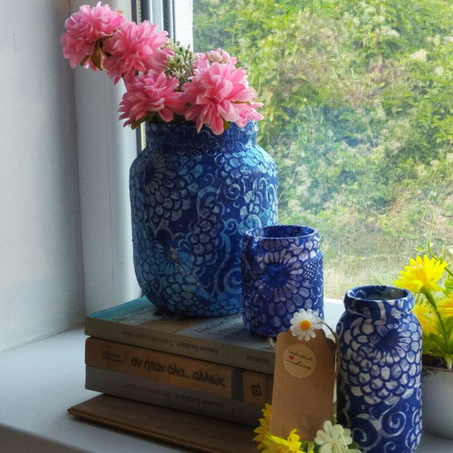 Handmade decorative vase set of three, decoupage and acrylic