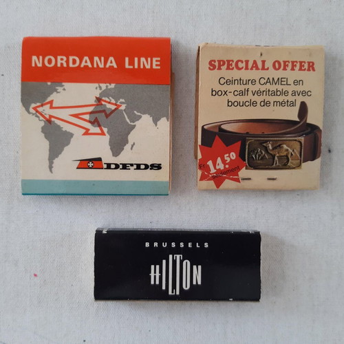 Nordana Line, Camel, Hilton promotional matchboxes used, set of 3