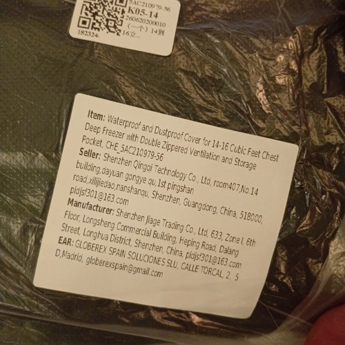 Waterproof cover for large outdoor freezers, zipper closure