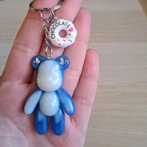 Handmade bear keychain new from resin in blue and white