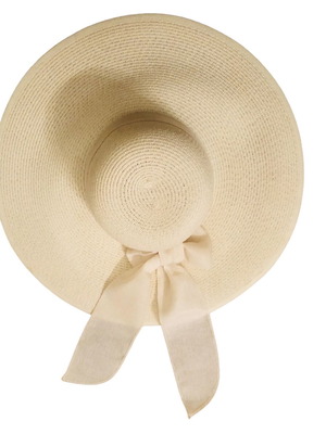 Ivory straw wide-brim hat with linen ribbon new