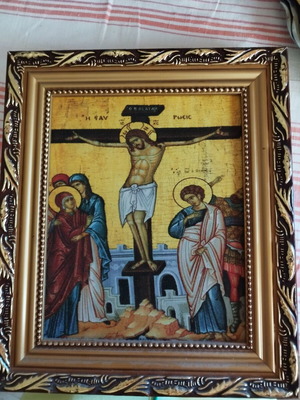 Byzantine Crucifixion icon silk screen print on fabric canvas, like new, 27x32cm