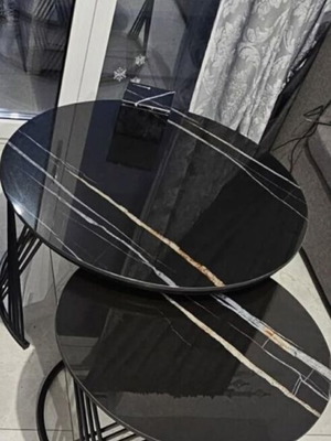Coffee Table Set of 2 Nesting Tables Black with Ceramic Marble Top