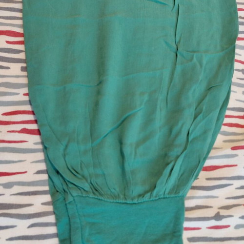 Strapless jumpsuit used, green, soft elastic bust, wide legs