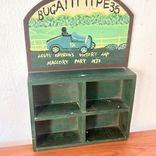 Wooden shelf with 4 compartments, Bugatti Type 35 vintage racing design