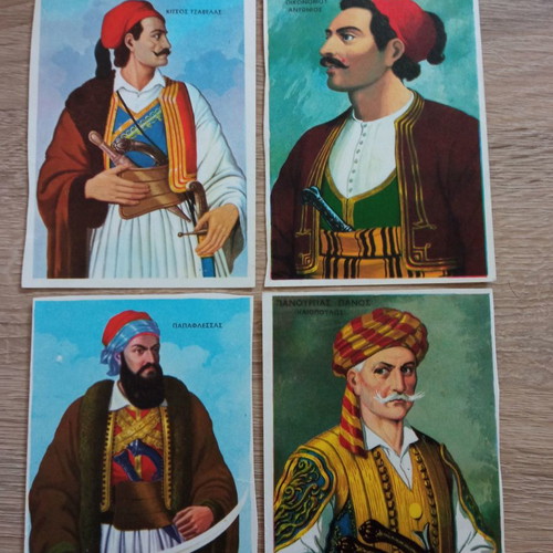 Vintage cards with Heroes of the Greek Revolution 1821 used, pack of 4