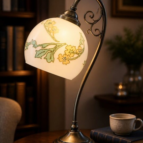 Handmade table lamp used, hand-painted with enamel, bronze base
