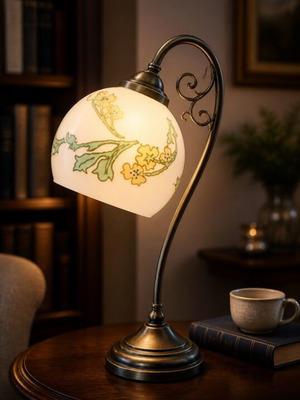 Handmade table lamp used, hand-painted with enamel, bronze base