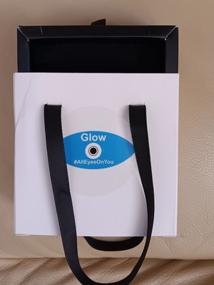 Luxury white gift bag with black fabric handles and black drawer box