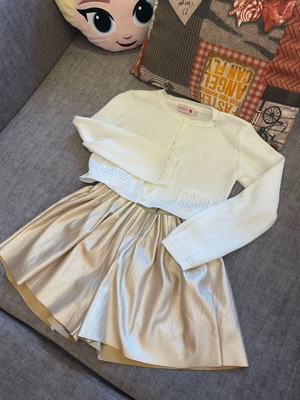 Girls' set with new white cardigan and gold faux leather skirt