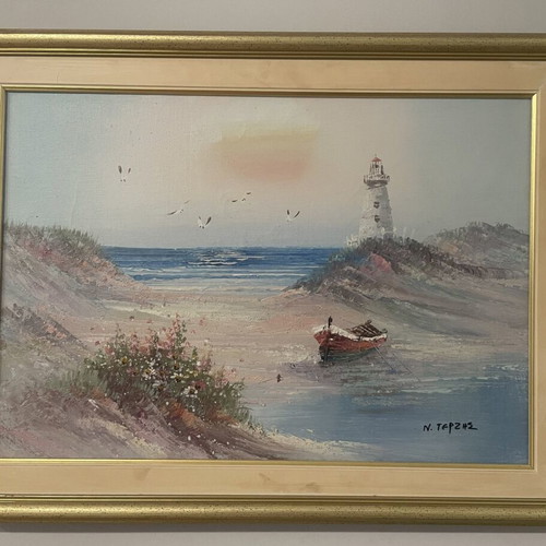 N. Terzis painting 'Landscape with lighthouse and boat', embossed canvas
