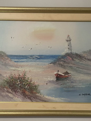 N. Terzis painting 'Landscape with lighthouse and boat', embossed canvas