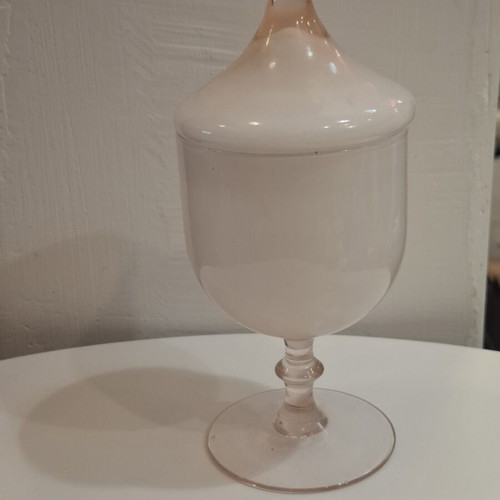 Vintage glass apothecary jar with lid and foot, pink opaline, like new