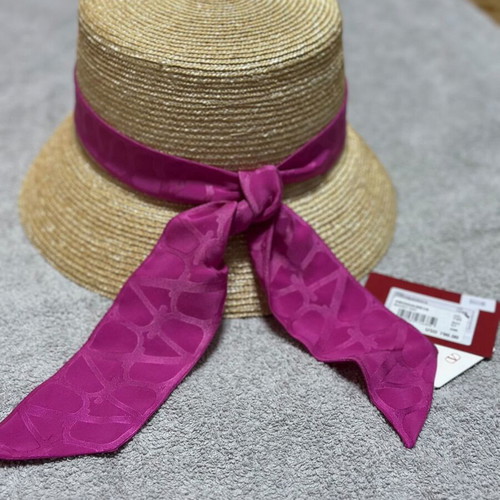Valentino Garavani Straw Bucket Hat VLogo Silk Ribbon Size 57 New