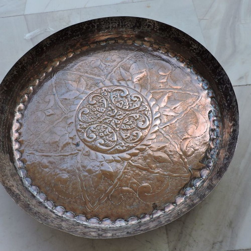 Copper tray used, vintage with designs, 45 cm diameter